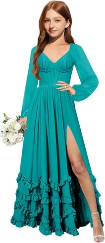 MRHUSH Junior Bridesmaid Dresses Long Sleeve Chiffon Ruffle Flower Girl Dress for Wedding Corset Girls Formal Dress with Slit in Saudi Arabia