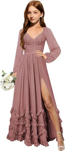 MRHUSH Junior Bridesmaid Dresses Long Sleeve Chiffon Ruffle Flower Girl Dress for Wedding Corset Girls Formal Dress with Slit in Saudi Arabia