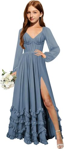 MRHUSH Junior Bridesmaid Dresses Long Sleeve Chiffon Ruffle Flower Girl Dress for Wedding Corset Girls Formal Dress with Slit in Saudi Arabia