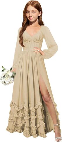 MRHUSH Junior Bridesmaid Dresses Long Sleeve Chiffon Ruffle Flower Girl Dress for Wedding Corset Girls Formal Dress with Slit in Saudi Arabia