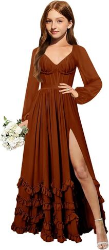 MRHUSH Junior Bridesmaid Dresses Long Sleeve Chiffon Ruffle Flower Girl Dress for Wedding Corset Girls Formal Dress with Slit in Saudi Arabia