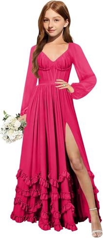 MRHUSH Junior Bridesmaid Dresses Long Sleeve Chiffon Ruffle Flower Girl Dress for Wedding Corset Girls Formal Dress with Slit in Saudi Arabia