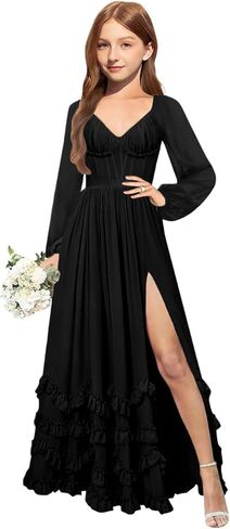 MRHUSH Junior Bridesmaid Dresses Long Sleeve Chiffon Ruffle Flower Girl Dress for Wedding Corset Girls Formal Dress with Slit in Saudi Arabia