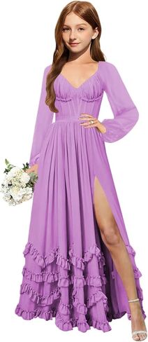MRHUSH Junior Bridesmaid Dresses Long Sleeve Chiffon Ruffle Flower Girl Dress for Wedding Corset Girls Formal Dress with Slit in Saudi Arabia