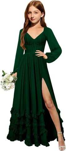 MRHUSH Junior Bridesmaid Dresses Long Sleeve Chiffon Ruffle Flower Girl Dress for Wedding Corset Girls Formal Dress with Slit in Saudi Arabia