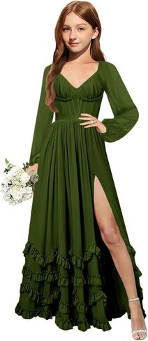 MRHUSH Junior Bridesmaid Dresses Long Sleeve Chiffon Ruffle Flower Girl Dress for Wedding Corset Girls Formal Dress with Slit in Saudi Arabia