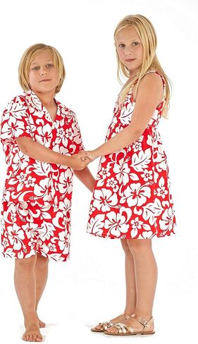 Matching Siblings Boy Girl Hawaiian Luau Outfit Girl Dress Boy Shirt Shorts Classic Vintage Hibiscus Red in Saudi Arabia