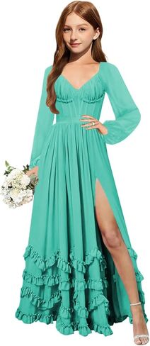 MRHUSH Junior Bridesmaid Dresses Long Sleeve Chiffon Ruffle Flower Girl Dress for Wedding Corset Girls Formal Dress with Slit in Kuwait