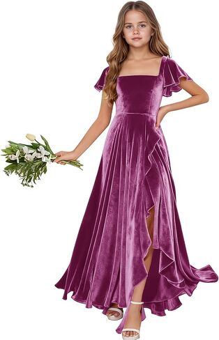 فستان وصيفة العروس للصغار بأكمام قصيرة للفتيات المراهقات، فستان مخملي على شكل حرف A لفتاة الزهور بفتحة مكشكشة للأطفال، فستان رسمي للأطفال in Kuwait