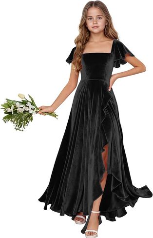 Short Sleeve Junior Bridesmaid Dress for Teen Girls Velvet A Line Flower Girl Dress Ruffle Slit Kids Formal Gown in Saudi Arabia