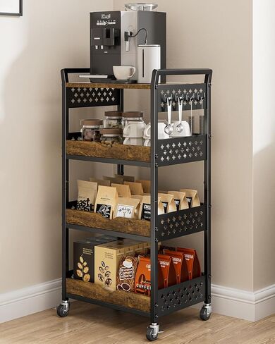 Giwil 4-Tier Rolling Storage Cart with Drawer, Small Coffee Bar with Wooden Top, Art Cart Organizer on Wheels, Metal Utility Cart for Crafts Paints Makeup Snacks Fruits, Black in Saudi Arabia