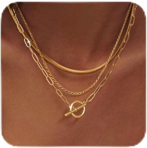 مجموعة قلادات متعددة الطبقات للنساء، 3 قطع من القلائد الرائعة القابلة للتكديس مع سلسلة ثعبان وسلسلة مشبك ورق ومشبك تبديل OT، هدية مجوهرات عصرية بسيطة مطلية بالفضة عيار 14 قيراط in Kuwait