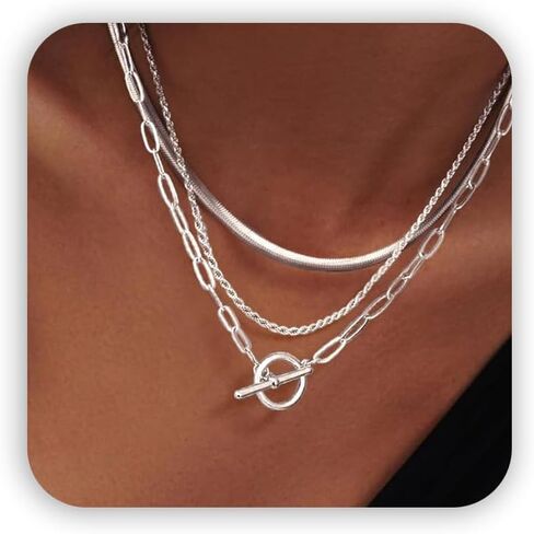 Layered Necklace Set for Women, 3 Pcs Dainty Stackable Necklaces with Snake Chain Rope Chain Paperclip Chain & OT Toggle Clasp, 14K Plated/Sterling Silver Plated Trendy Minimalist Jewelry Gift in Saudi Arabia