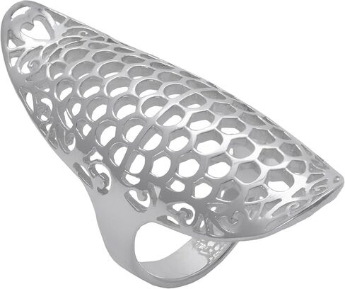 Silverly Sterling Silver Armour Statement Ring With Cut-Out Floral Vine Filigree – 925 Silver Long Shield Ring With Honeycomb Lace-Like Openwork - Medieval-Style Lattice Full-Finger Ring for Women in Saudi Arabia