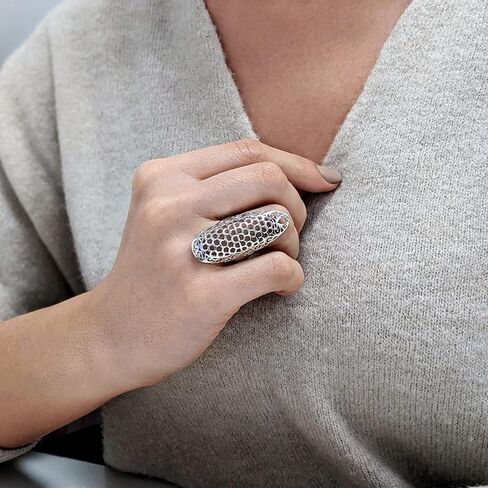 Silverly Sterling Silver Armour Statement Ring With Cut-Out Floral Vine Filigree – 925 Silver Long Shield Ring With Honeycomb Lace-Like Openwork - Medieval-Style Lattice Full-Finger Ring for Women in Saudi Arabia