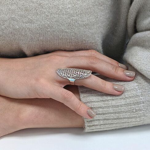 Silverly Sterling Silver Armour Statement Ring With Cut-Out Floral Vine Filigree – 925 Silver Long Shield Ring With Honeycomb Lace-Like Openwork - Medieval-Style Lattice Full-Finger Ring for Women in Saudi Arabia