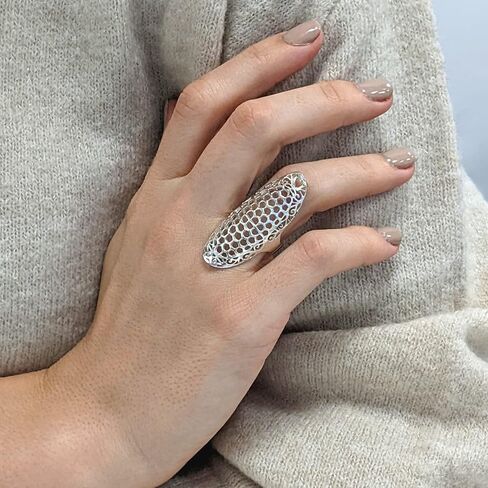 Silverly Sterling Silver Armour Statement Ring With Cut-Out Floral Vine Filigree – 925 Silver Long Shield Ring With Honeycomb Lace-Like Openwork - Medieval-Style Lattice Full-Finger Ring for Women in Saudi Arabia