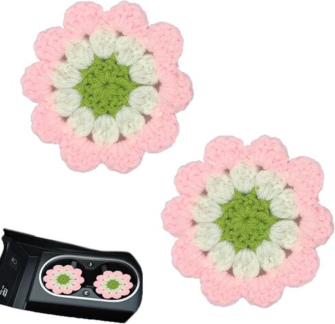 2Pcs Flower Coasters Crochet Cotton Car Cup Holder Coasters Cute Boho Car Accessories for Women Handmade Decorative Drink Mats for Cup Holders and Interior Decor in Saudi Arabia