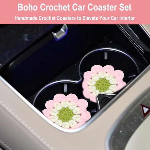 2Pcs Flower Coasters Crochet Cotton Car Cup Holder Coasters Cute Boho Car Accessories for Women Handmade Decorative Drink Mats for Cup Holders and Interior Decor in Saudi Arabia