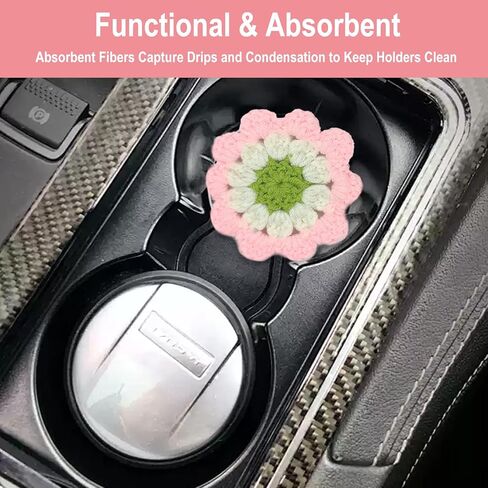 2Pcs Flower Coasters Crochet Cotton Car Cup Holder Coasters Cute Boho Car Accessories for Women Handmade Decorative Drink Mats for Cup Holders and Interior Decor in Saudi Arabia