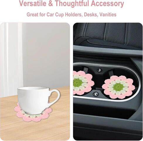 2Pcs Flower Coasters Crochet Cotton Car Cup Holder Coasters Cute Boho Car Accessories for Women Handmade Decorative Drink Mats for Cup Holders and Interior Decor in Saudi Arabia