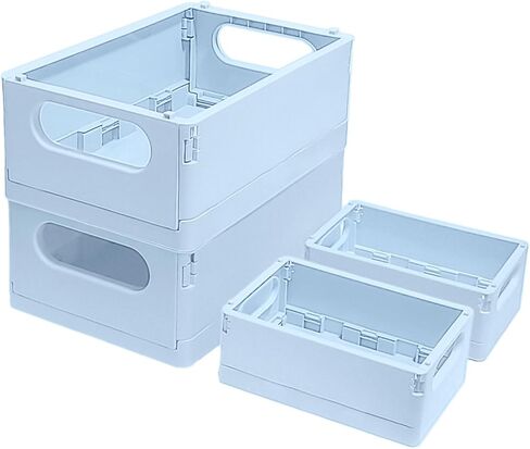 Plastic Storage Crate Folding Desk Organizer Basket Set of 4, 2 Medium+2 Small Collapsible Storage Bins Portable Organizing Crates for Office Classroom Kitchen Bedroom Bathroom Desktop Drawer, Blue in Saudi Arabia