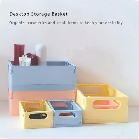 Plastic Storage Crate Folding Desk Organizer Basket Set of 4, 2 Medium+2 Small Collapsible Storage Bins Portable Organizing Crates for Office Classroom Kitchen Bedroom Bathroom Desktop Drawer, Blue in Saudi Arabia