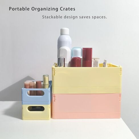 Plastic Storage Crate Folding Desk Organizer Basket Set of 4, 2 Medium+2 Small Collapsible Storage Bins Portable Organizing Crates for Office Classroom Kitchen Bedroom Bathroom Desktop Drawer, Blue in Saudi Arabia