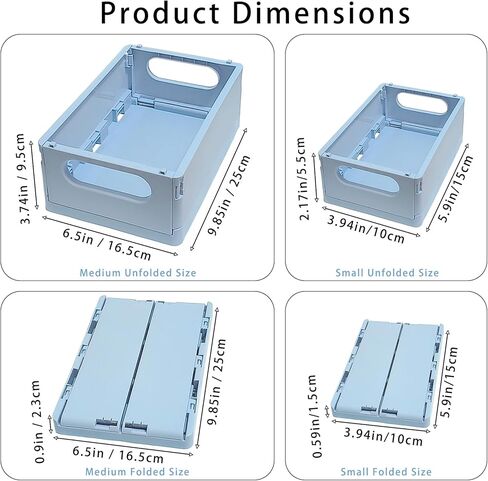 Plastic Storage Crate Folding Desk Organizer Basket Set of 4, 2 Medium+2 Small Collapsible Storage Bins Portable Organizing Crates for Office Classroom Kitchen Bedroom Bathroom Desktop Drawer, Blue in Saudi Arabia
