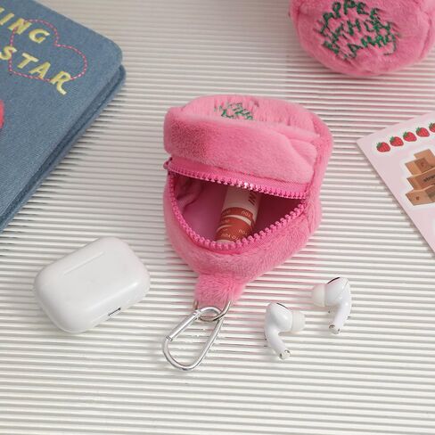 Women's Kawaii Fuzzy Earbud Case Fairycore Cute Pattern Purse Cutecore Zipper Money Wallet Alt Mini Earphone Case (One Size,Pink) in Saudi Arabia