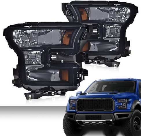 ANDPLAY Front Headlights Headlamps Assembly Compatible with Ford F150 2015 2016 2017 Driver & Passenger FL3Z13008B,FL3Z13008A,FO2502335,FO2503335,FO2502344 Smoky Lens Black Housing Amber Reflector in Kuwait