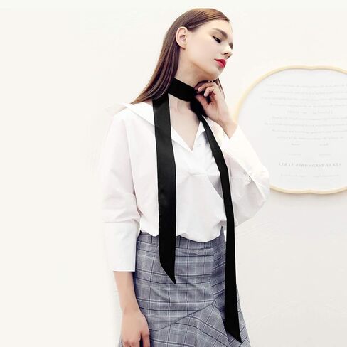 وشاح طويل رفيع من الشيفون يشبه الحرير من Lujuny - حزام خصر رفيع بربطة عنق للنساء والفتيات، 78.0 بوصة (أسود) in Kuwait