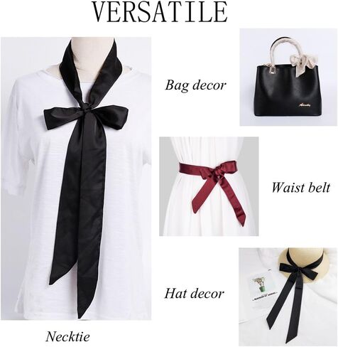 وشاح طويل رفيع من الشيفون يشبه الحرير من Lujuny - حزام خصر رفيع بربطة عنق للنساء والفتيات، 78.0 بوصة (أسود) in Kuwait