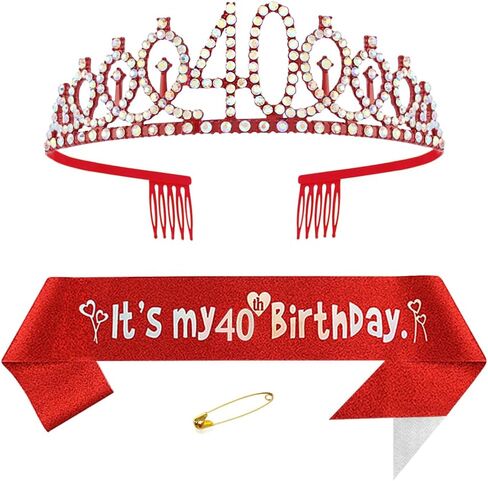 Red 40th Birthday Sash - Women's Princess Crown Queen Tiara Rhinestone Headband - Happy Birthday Decorations for 40 Year Old Party Supplies in Kuwait