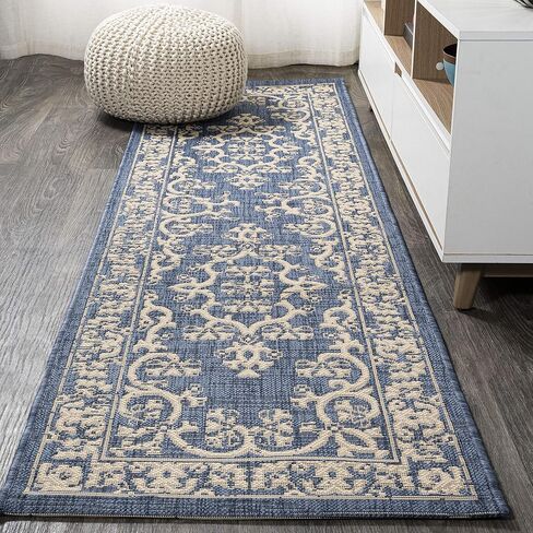 JONATHAN Y Filigree Indoor Outdoor Runner Rug 2X8 Blue/Beige, Galon for Backyard, Patio, Porch, Easy-Cleaning, High Traffic, Pet-Friendly, Non-Shedding (SMB120A-28) in Saudi Arabia