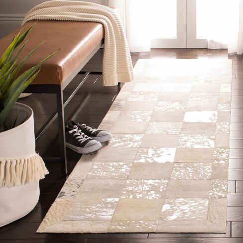 SAFAVIEH Studio Leather Collection 2'3" x 7' Ivory / Silver STL214A Handmade Mid-Century Modern Leather Runner Rug in Saudi Arabia