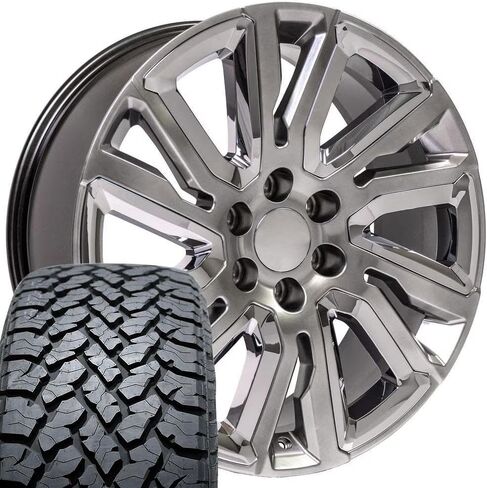 OE Wheels CV39 22 Inch Rims and Tires Fit Sierra 1500 Style 6x139.7 22x9 Gloss Hyper Black with Chrome Insert - Hollander 5907 - TS-37 AT 285/45-22 (Set of 4) in Saudi Arabia