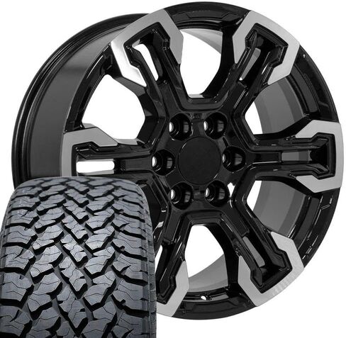 إطارات وإطارات OE Wheels CV65 مقاس 20 بوصة تناسب Silverado 1500 ZR2 Style 6x139.7 20x9 مصنعة باللون الأسود اللامع - Hollander 14089 - TS-37 AT 275/55-20 (مجموعة من 4) in Saudi Arabia