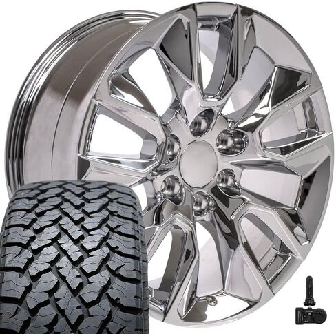 إطارات وإطارات OE Wheels CV32 مقاس 20 بوصة تناسب Silverado 1500 RST Style 6x139.7 20x9 Chrome - Hollander 5916 - TS-37 AT 275/55-20 (مجموعة من 4) in Saudi Arabia