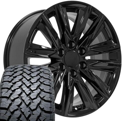 OE Wheels CA91 20 Inch Rims and Tires Fit Escalade Sport Style 6x139.7 20x9 Gloss Black - Hollander 4869 - TS-37 AT 275/55-20 (Set of 4) in Saudi Arabia