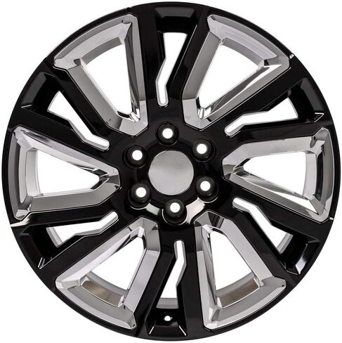 إطارات وإطارات OE Wheels CV39 مقاس 22 بوصة تناسب طراز Sierra 1500 6x139.7 22x9 باللون الأسود اللامع مع إدراج الكروم - هولاندر 5901 - TS-37 AT 285/45-22 (مجموعة من 4) in Saudi Arabia