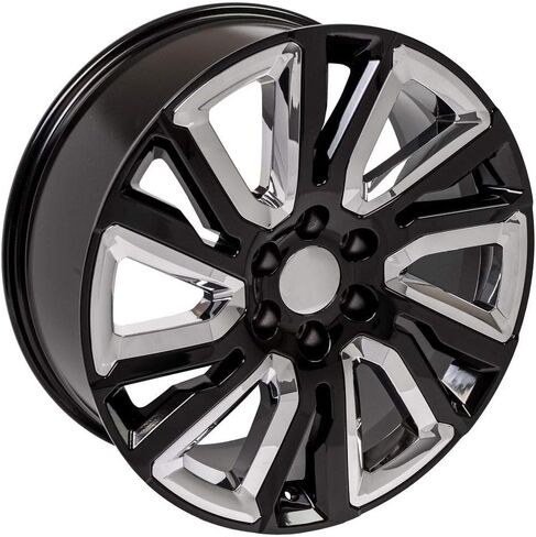 إطارات وإطارات OE Wheels CV39 مقاس 22 بوصة تناسب طراز Sierra 1500 6x139.7 22x9 باللون الأسود اللامع مع إدراج الكروم - هولاندر 5901 - TS-37 AT 285/45-22 (مجموعة من 4) in Saudi Arabia