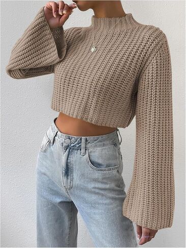 MakeMeChic Women's Mock Neck Crop Sweater Bell Sleeve Knitted Pullovers Jumper Tops in Saudi Arabia