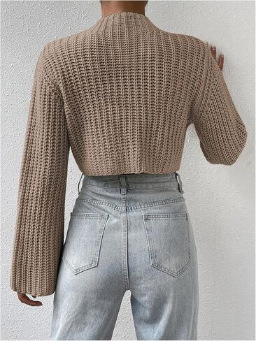 MakeMeChic Women's Mock Neck Crop Sweater Bell Sleeve Knitted Pullovers Jumper Tops in Saudi Arabia