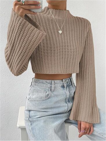 MakeMeChic Women's Mock Neck Crop Sweater Bell Sleeve Knitted Pullovers Jumper Tops in Saudi Arabia