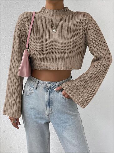 MakeMeChic Women's Mock Neck Crop Sweater Bell Sleeve Knitted Pullovers Jumper Tops in Saudi Arabia