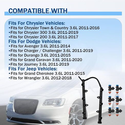 3.6L Fuel Injection Fuel Rail with Injectors fits for Dodge Charger Challenger 2011-2019 fits for Jeep Grand Cherokee 2011-2024 fits for Chrysler 200 300 2011-2019 53034198AC 5184085AD in Kuwait