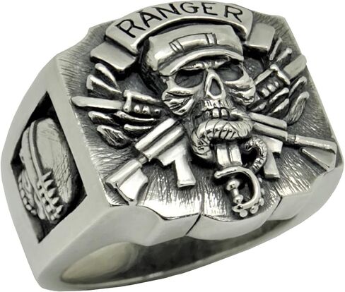 Rangers Special Forces Soldier Sterling Silver 925 US Army Men’s Skull Biker Ring Handmade in Kuwait