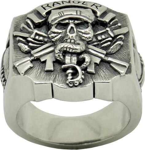 Rangers Special Forces Soldier Sterling Silver 925 US Army Men’s Skull Biker Ring Handmade in Kuwait