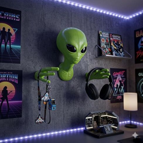 Alien Head Wall Decor - Green 3D Sculpture with Head & Hand, Creative Latex Material, Sci-Fi Hanging Art Collectible Statue, Halloween Decoration Ornament for Home Living Room Bedroom Bar Office Club in Kuwait